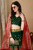 Art Silk Woven Zari Bottle Green Panelled Style Lehenga