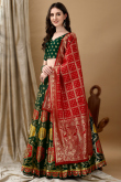 Art Silk Woven Zari Bottle Green Panelled Style Lehenga