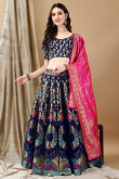 Art Silk Woven Zari Dark Blue Panelled Style Lehenga