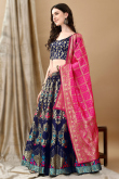 Art Silk Woven Zari Dark Blue Panelled Style Lehenga