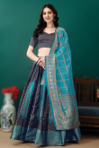 Art Silk Woven Zari Navy Blue Panelled Style Lehenga
