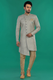 Ash Grey Jacquard Weaved Thread Assymetrical Men's Sherwani