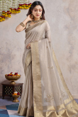 Ash Grey Kora Silk Saree with Woven Zari Work for Diwali Wear