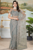 Ash Grey Net Embroidered Fancy Saree 