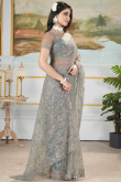 Ash Grey Net Embroidered Fancy Saree 
