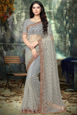 Ash Grey Net Embroidered Saree