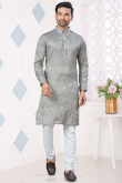 Ash Grey Silk Woven Zari Men Kurta Pajama 