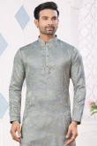 Ash Grey Silk Woven Zari Men Kurta Pajama 