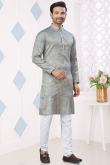 Ash Grey Silk Woven Zari Men Kurta Pajama 