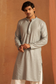 Ash Grey Viscose Embroidered Straight Cut Men's Kurta Pajama 