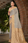 Ash Grey Weaved Satin Silk Broad Border Saree 