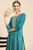 Bandhej Print Embroidered Rayon Peacock Blue Kurti
