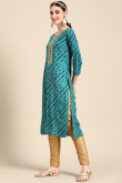 Bandhej Print Embroidered Rayon Peacock Blue Kurti