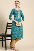 Bandhej Print Embroidered Rayon Peacock Blue Kurti