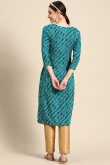 Bandhej Print Embroidered Rayon Peacock Blue Kurti