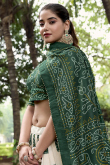 Bandhej Print Off White and Green Flared Style Silk Lehenga