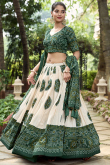 Bandhej Print Off White and Green Flared Style Silk Lehenga
