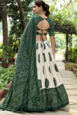 Bandhej Print Off White and Green Flared Style Silk Lehenga