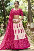 Bandhej Print Silk Off White and Ruby Pink Flared Style Lehenga