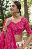 Bandhej Print Silk Off White and Ruby Pink Flared Style Lehenga
