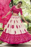 Bandhej Print Silk Off White and Ruby Pink Flared Style Lehenga