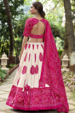 Bandhej Print Silk Off White and Ruby Pink Flared Style Lehenga
