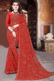Bandhej Printed Georgette chilly Red Saree