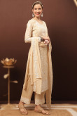 Beige Chinnon Embroidered Casual Wear Trouser Suit 