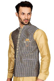Beige Colour Silk Kurta Pajama With Waist Coat