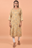 Beige Cotton Kurti With Printed