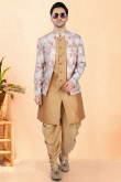 Beige Dupion Silk Men's Sherwani with Printed Work for Wedding