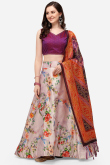 Beige Floral Printed Silk A Line Lehenga