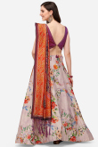 Beige Floral Printed Silk A Line Lehenga