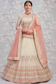 Party Wear Zari Embroidered Beige Lehenga in Georgette