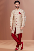 Jacquard Men Sherwani with Zari Embroidery in Beige for Wedding 
