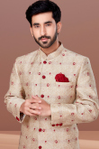 Jacquard Men Sherwani with Zari Embroidery in Beige for Wedding 