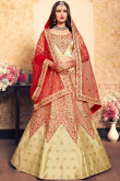 Red and Beige Bridal Satin Lehenga with Embroidered Net Dupatta