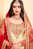 Red and Beige Bridal Satin Lehenga with Embroidered Net Dupatta