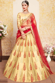 Red and Beige Satin Lehenga with Satin Choli and Net Dupatta