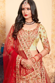 Red and Beige Bridal Satin Lehenga with Embroidered Net Dupatta