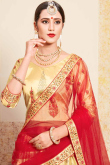 Red and Beige Satin Lehenga with Satin Choli and Net Dupatta
