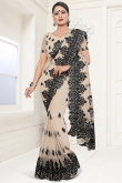 Beige Net Resham Thread Embroidered Light Weight Saree