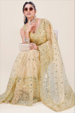 Beige Sequins Embroidered Net Fancy Saree