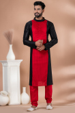 Black And Red Dupion Silk Plain Men's Kurta With Churidar