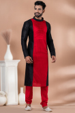 Black And Red Dupion Silk Plain Men's Kurta With Churidar
