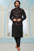 Black Art Silk Churidar Men Kurta Pajama