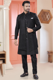 Black Art Silk Sherwani With Embroidered Jacket For Wedding Wear