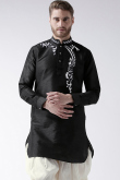 Black Dupion Silk Embroidered Men Kurta