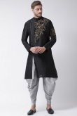 Black Dupion Silk Embroidered Men Kurta With Dhoti 