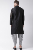 Black Dupion Silk Embroidered Men Kurta With Dhoti 
